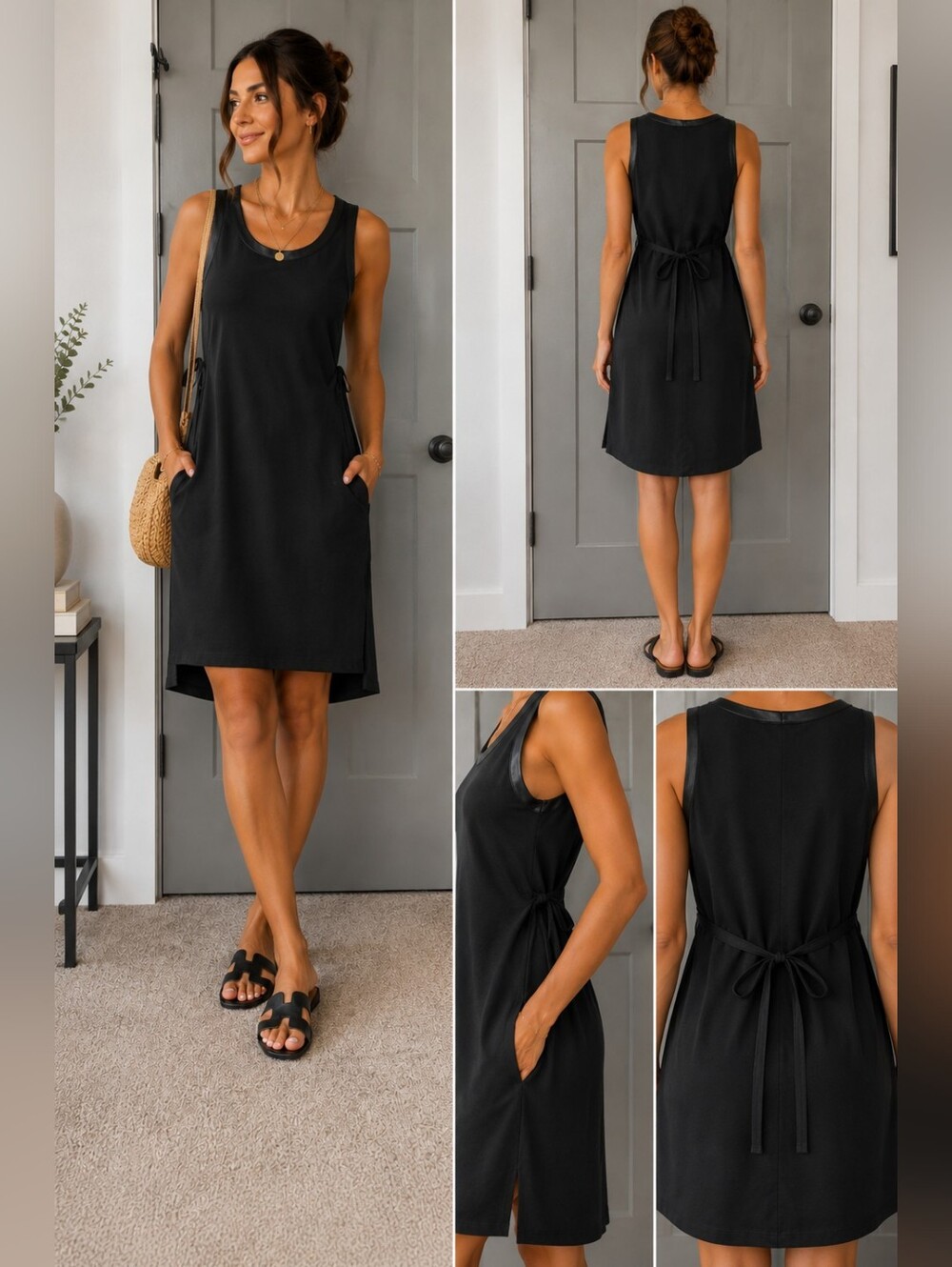 Lafayette 148 Black Sleeveless Dress Side Slits Tie Back Detail Size M